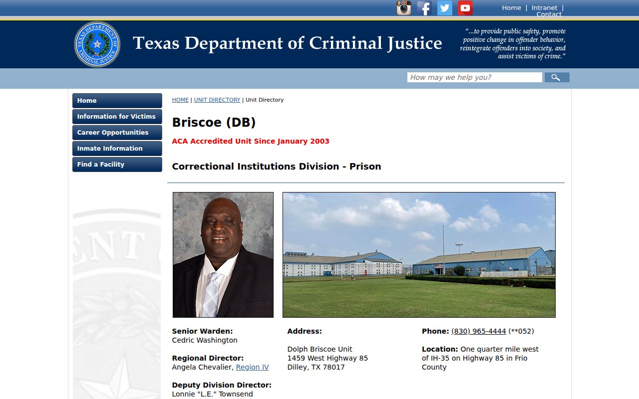 Dolph Briscoe Unit state custody information in Frio County