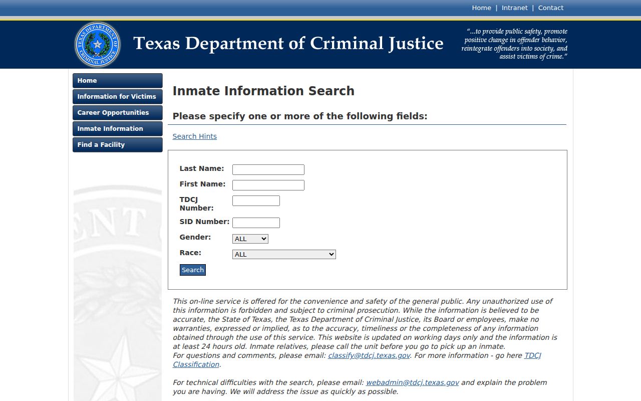TDCJ inmate search for state custody after a Frio County arrest