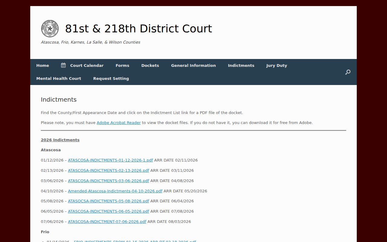Frio County criminal court case indictment and arraignment PDF page