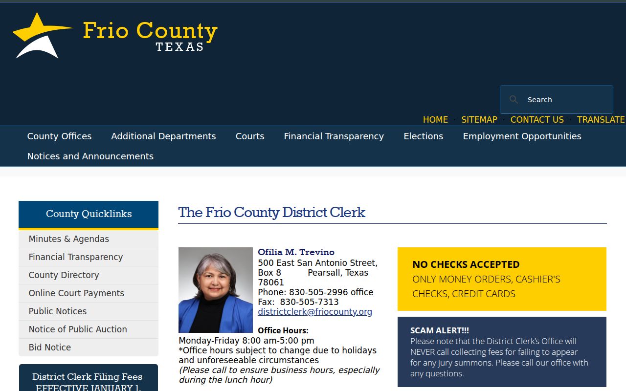 Frio County criminal records District Clerk contact page