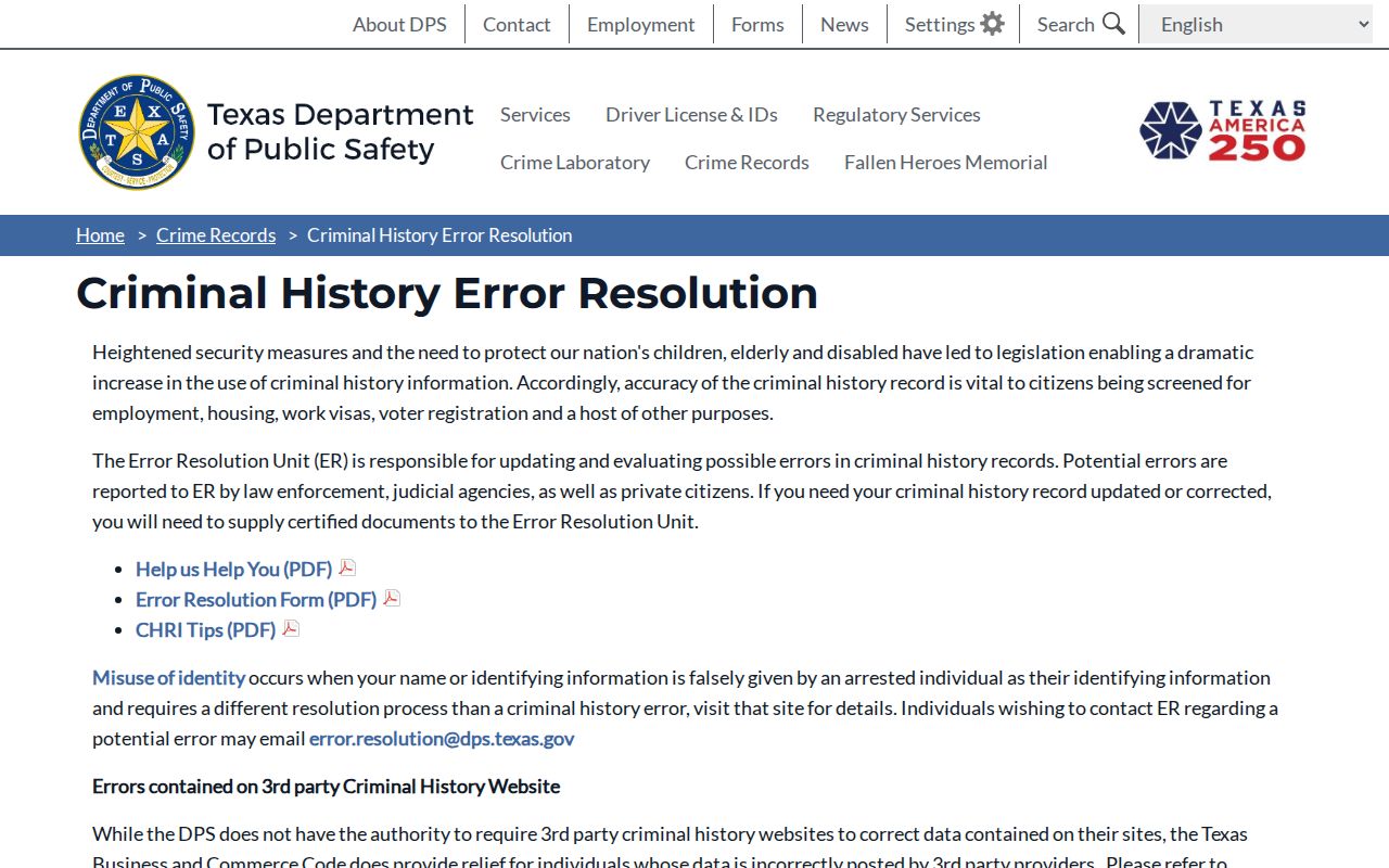 Frio County criminal history DPS error resolution forms