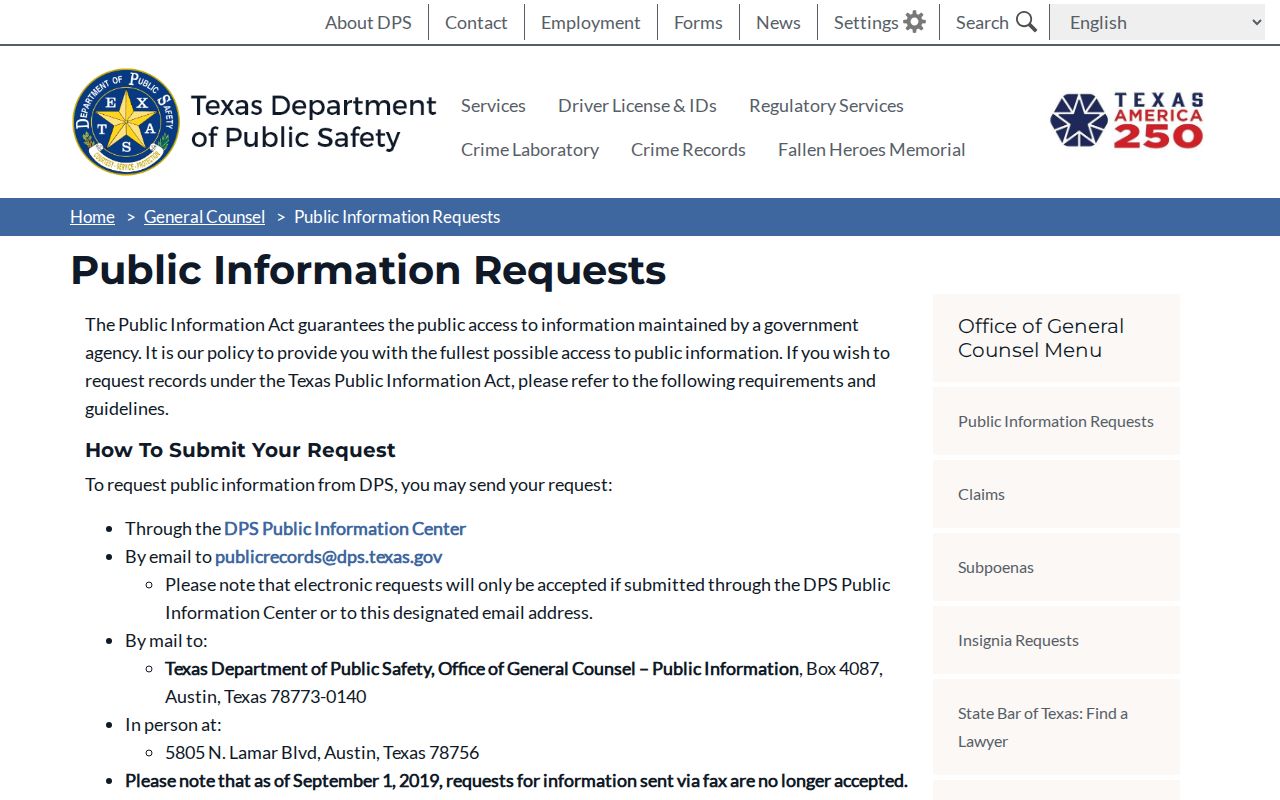 Frio County criminal records DPS public information request page