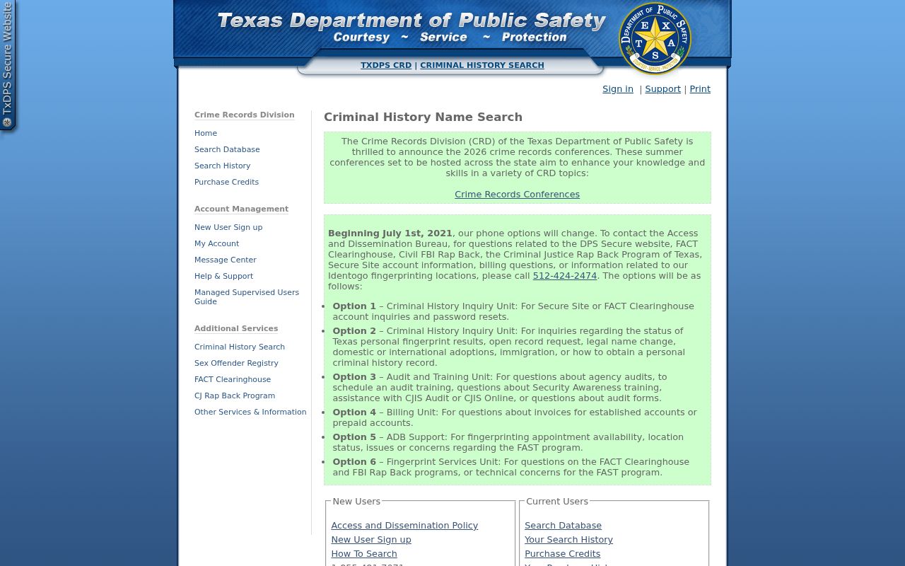 Frio County criminal history Texas DPS search interface