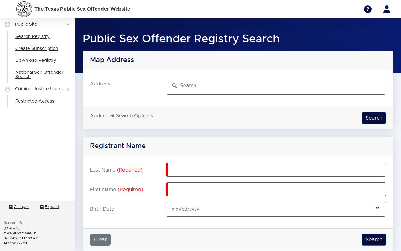 Frio County sex offender search form in the Texas DPS registry