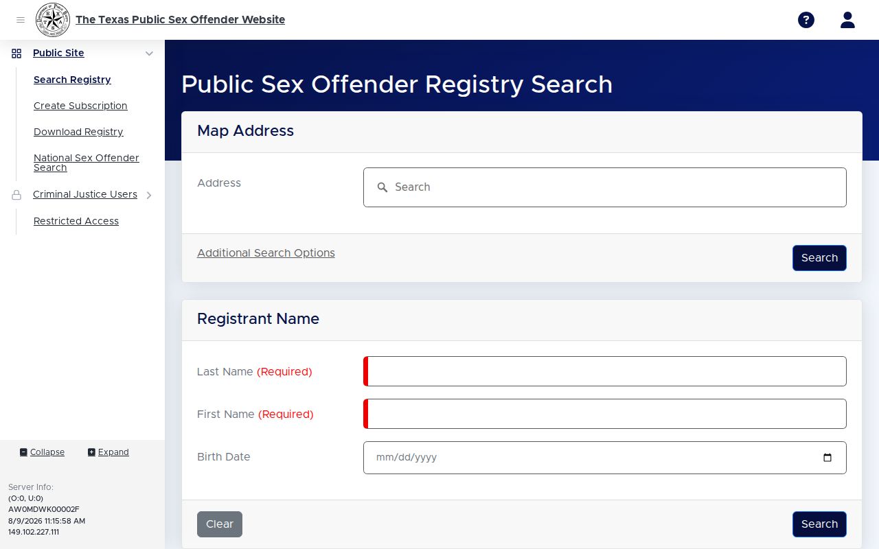Frio County sex offender registry profile field interface